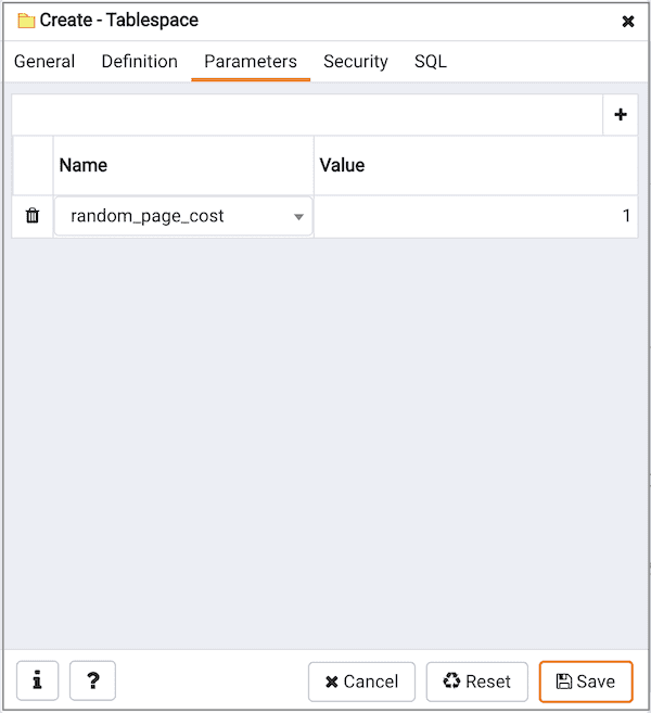 Create Tablespace dialog - Parameters tab