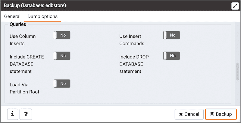 Backup dialog - Dump Options tab - Queries options