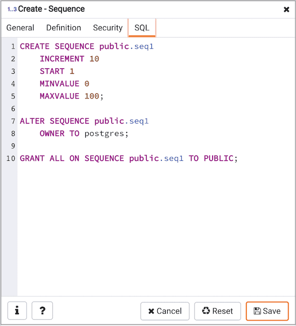 Create Sequence dialog - SQL tab