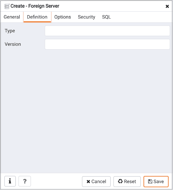 Create Foreign Server dialog - Definition tab
