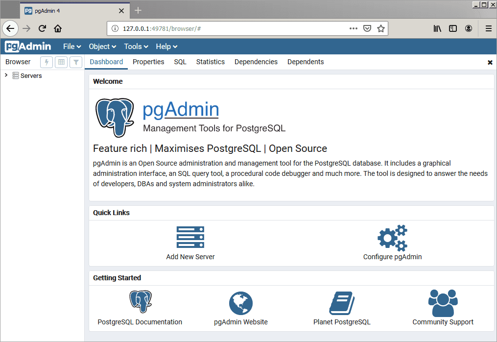 The pgAdmin 4 client Dashboard