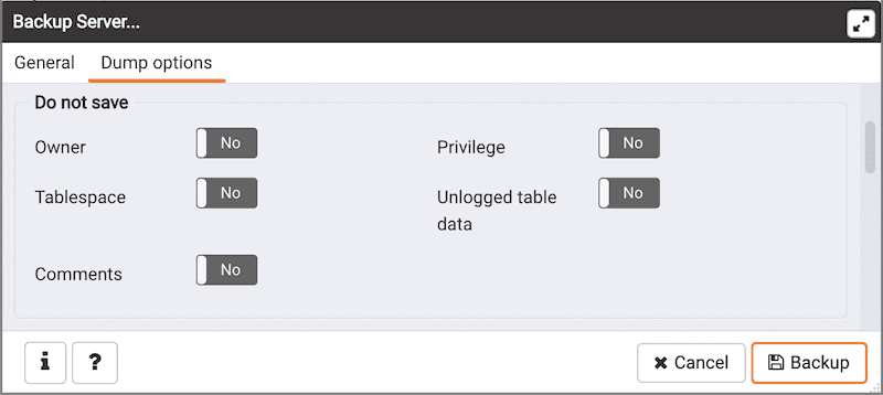 Backup Server dialog - Dump Options tab - Do not save options