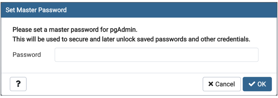 set master password screen for pgAdmin