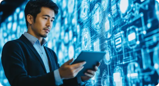 A person with a tablet in a technological background