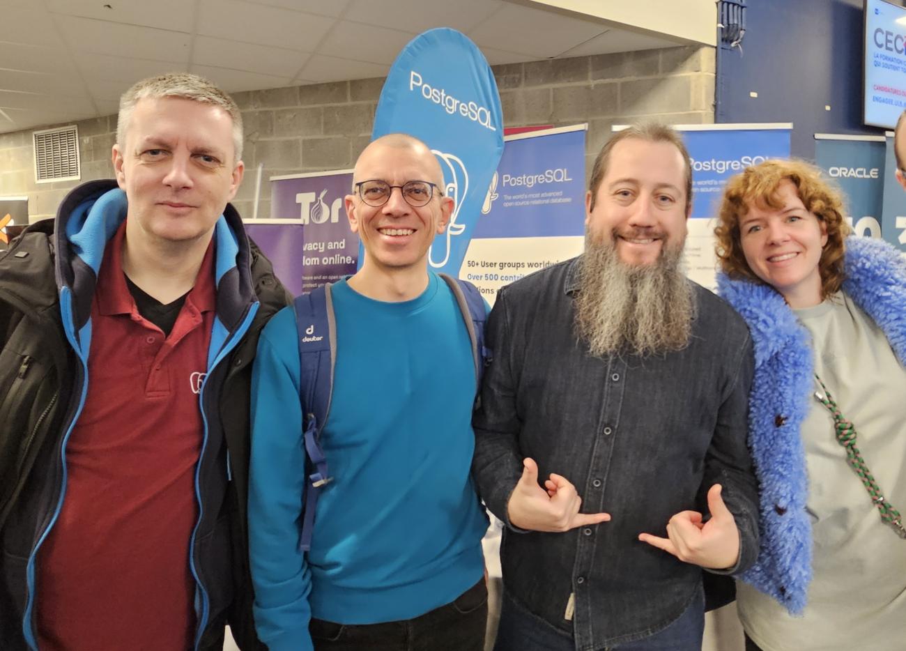 Andreas Scherbaum, Markus Wanner, Jonathan Gonzalez, and Floor Drees at FOSDEM