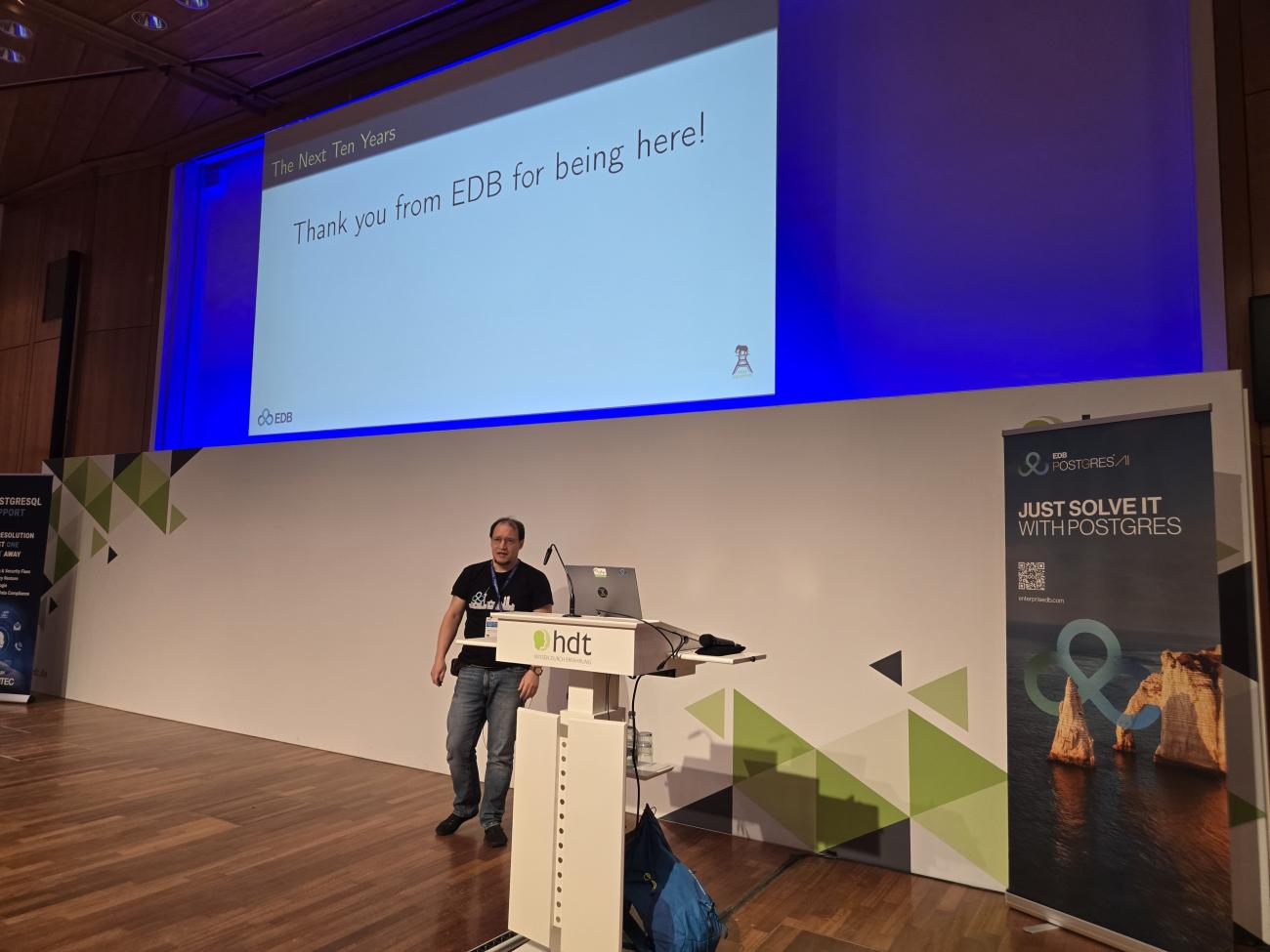 Alvaro Herrera during his PGConf DE sponsor keynote on the "next 10 years of Postgres" 