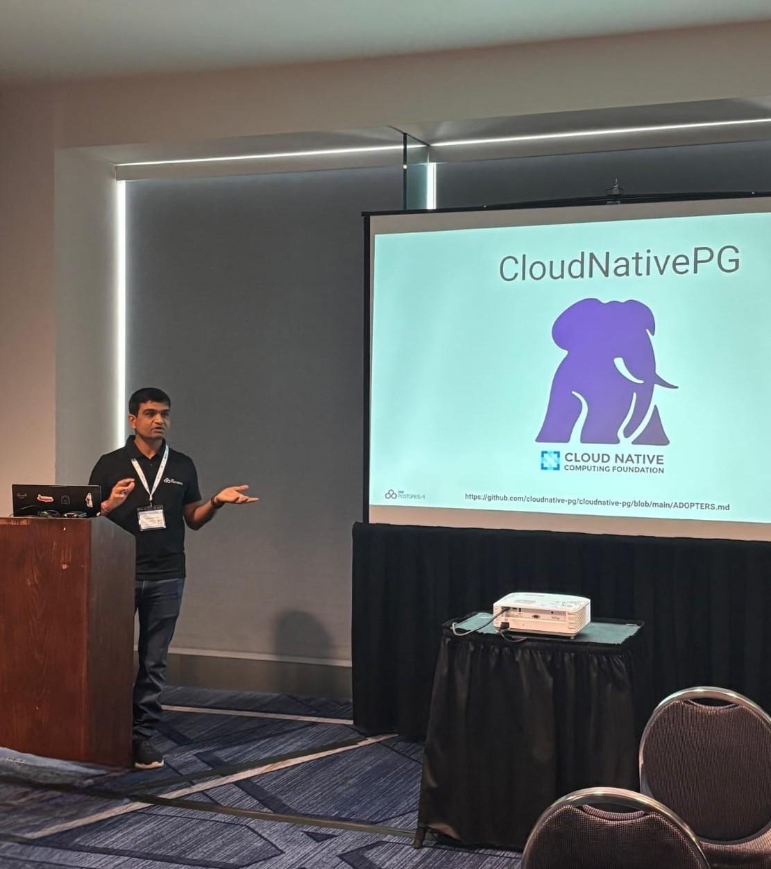 Neel Patel introducing CloudNativePG to the Postgres Conference San Jose audience