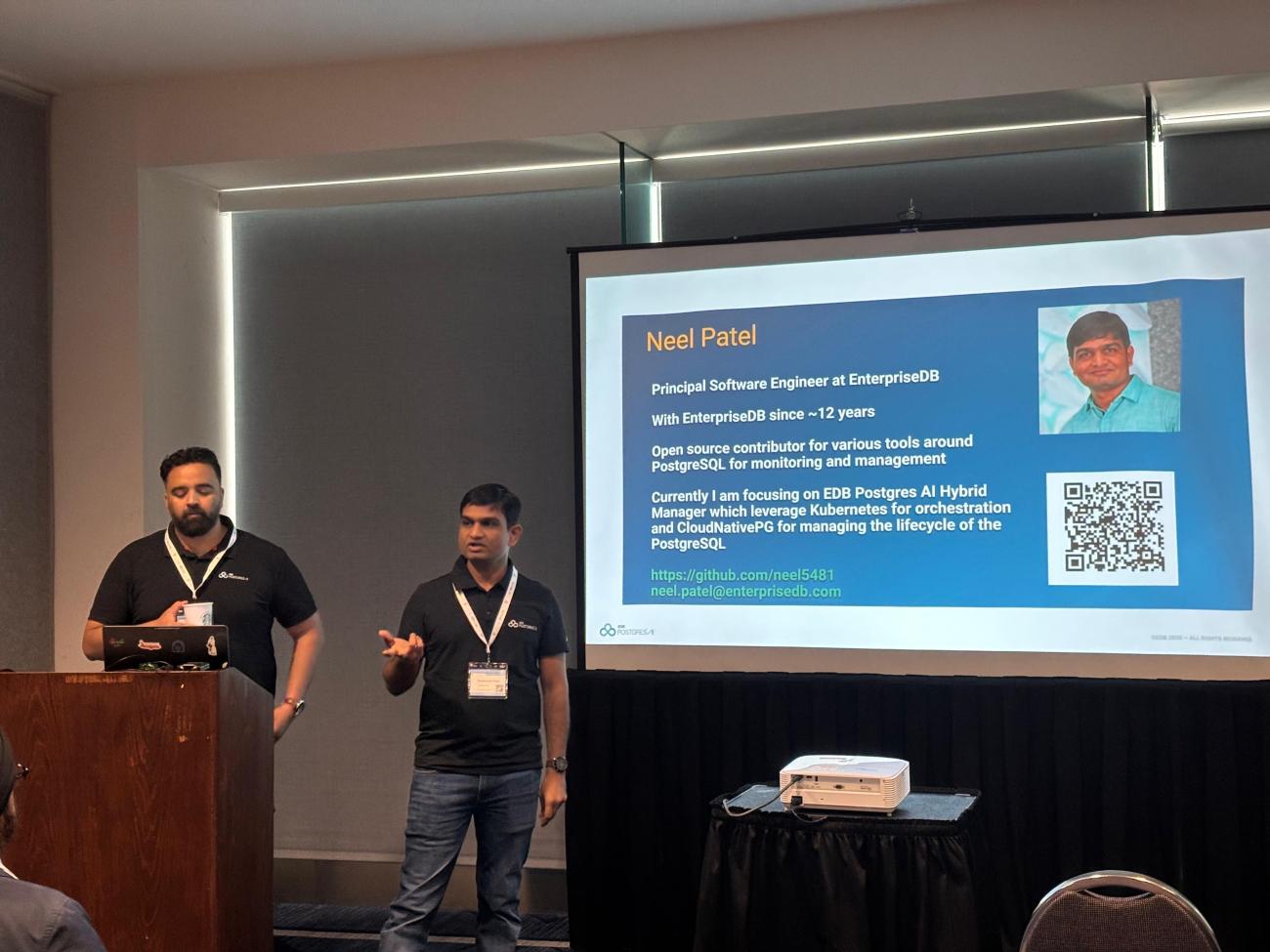 Neel Patel introducing himself to the Postgres Conference San Jose audience, Danish Khan standing next to him