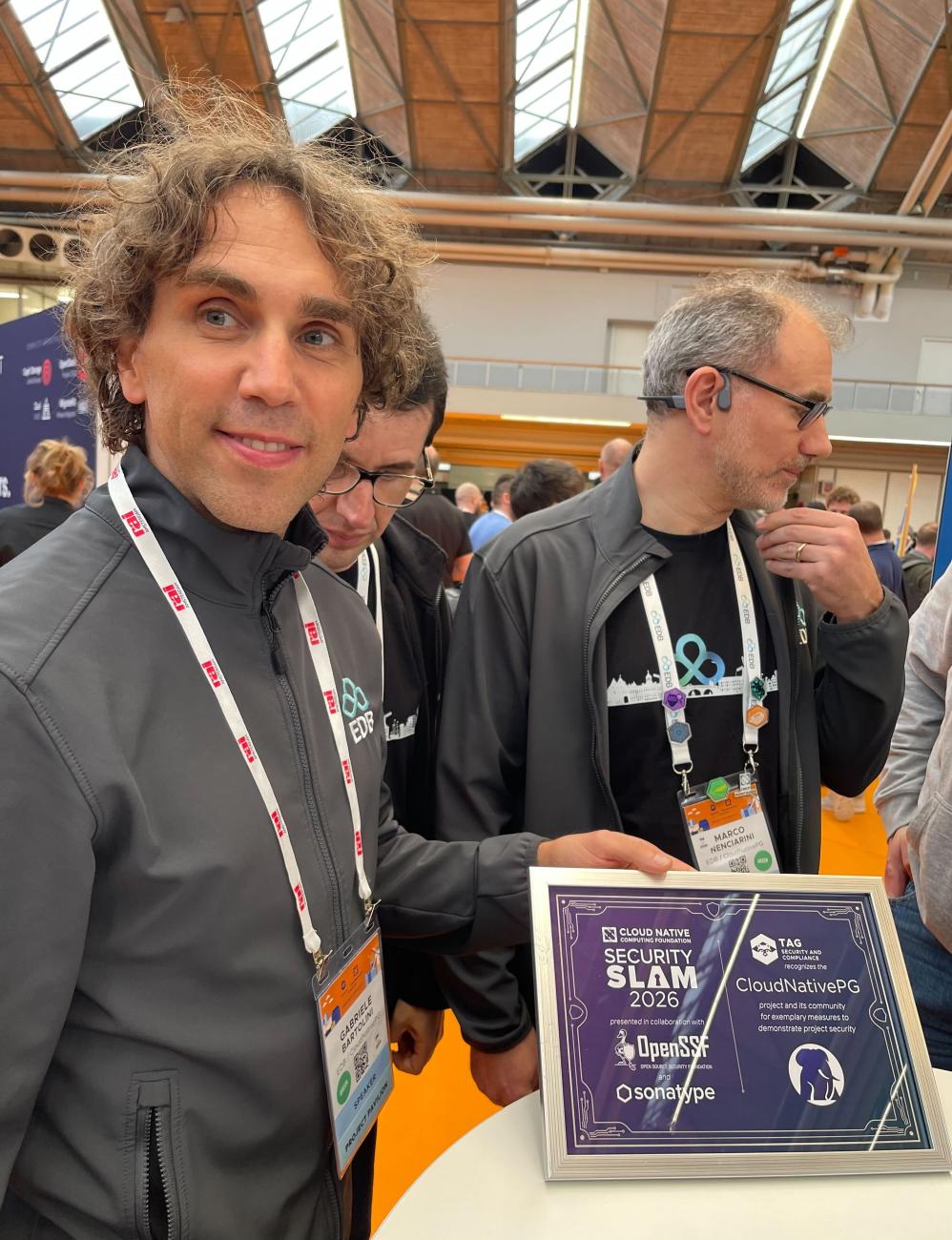 Gabriele Bartolini showing off the Security Slam 2026 award for CloudNativePG