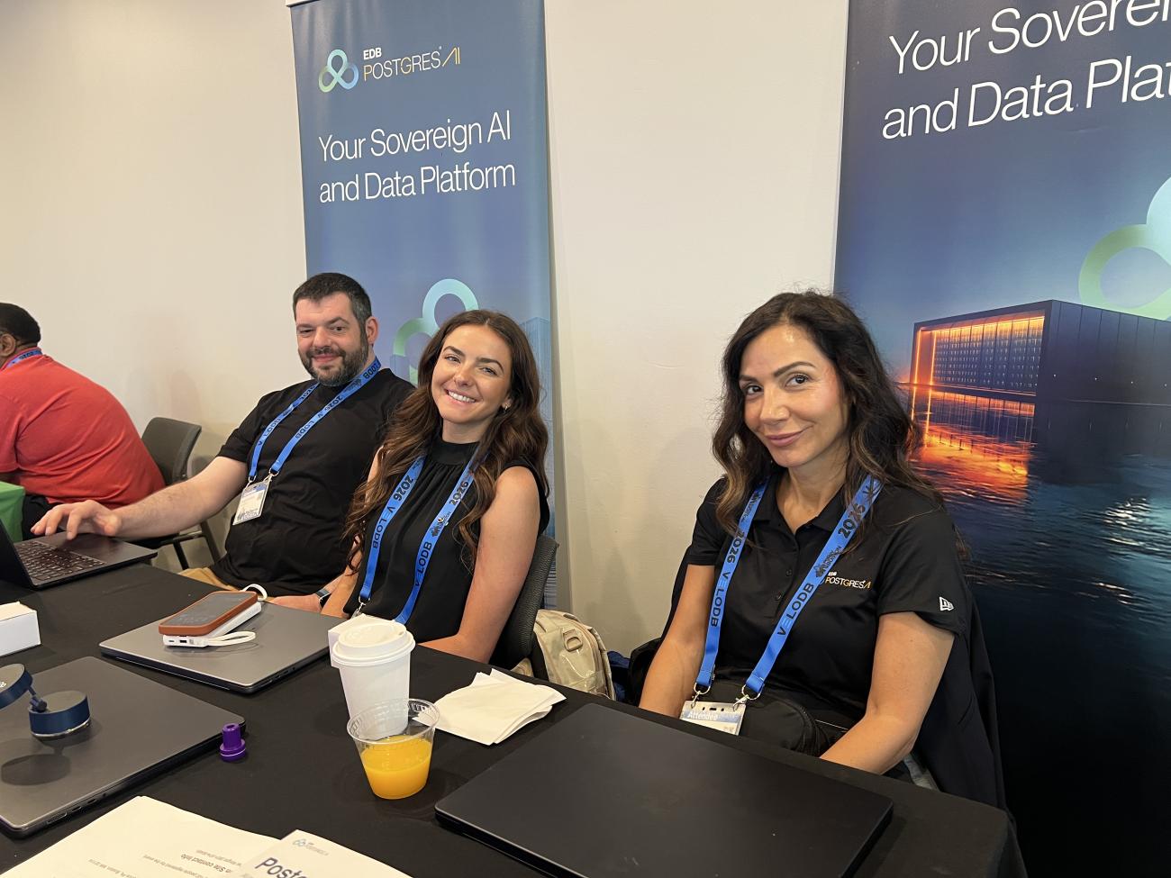 Doug Calobrisi, Megan St. Laurent and Alyssa Mazziotta at the EDB booth