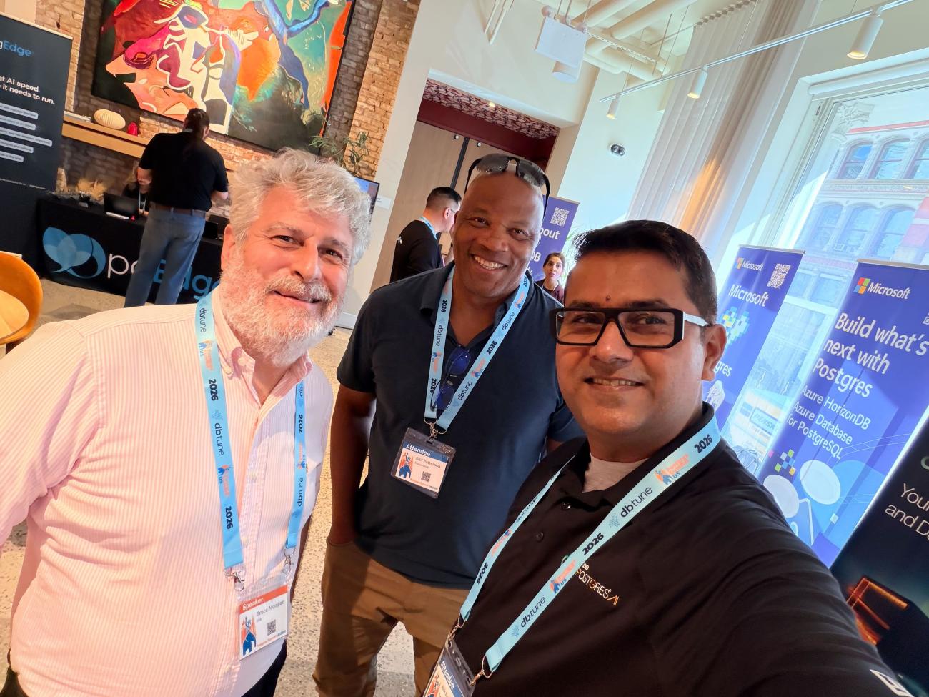 Bruce Momjian, Edd Patterson, and Alok Mishra at Postgres Summit US