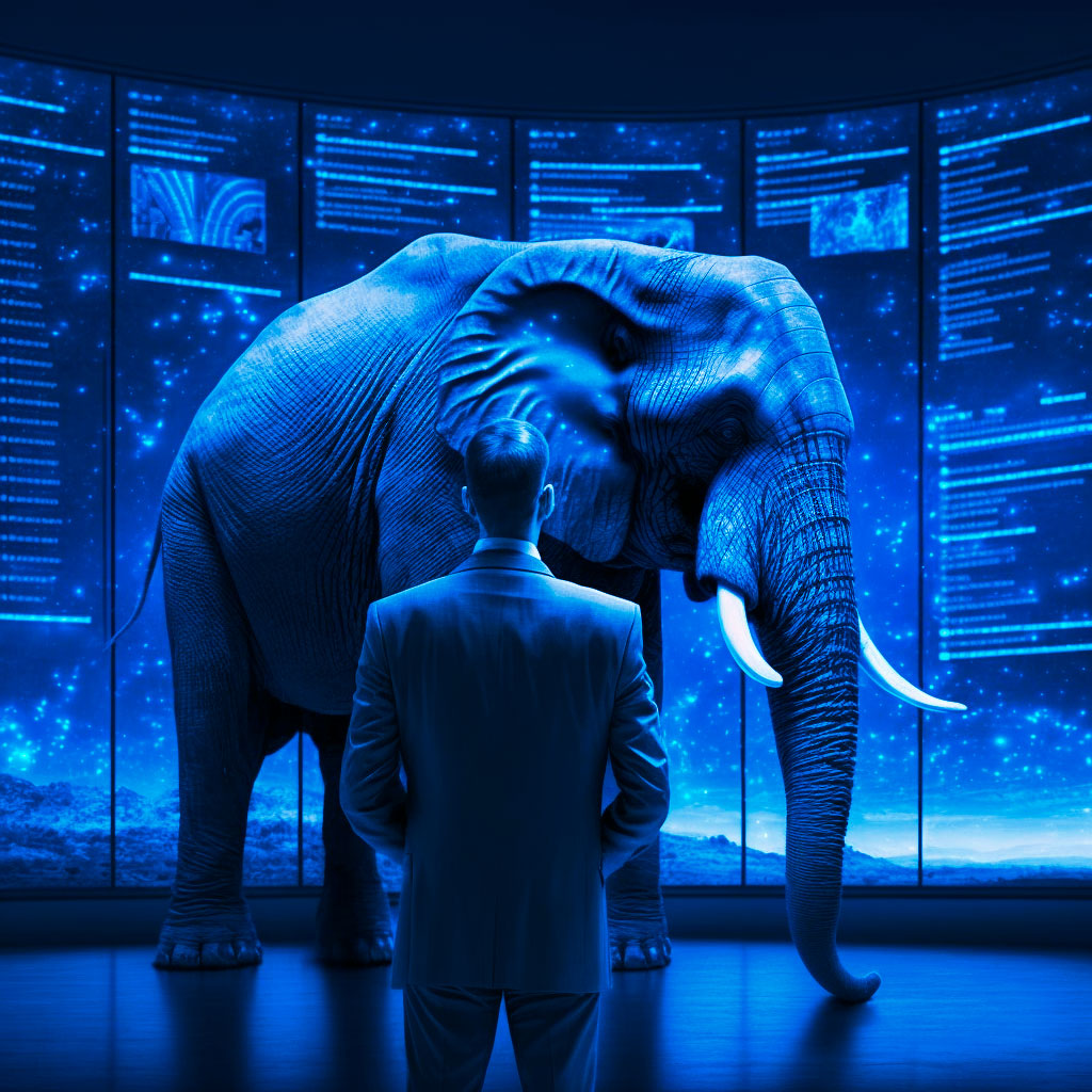 business man and elephant standing in a blue light