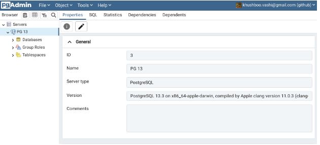 pgAdmin properties page with information on a postgreSQL database