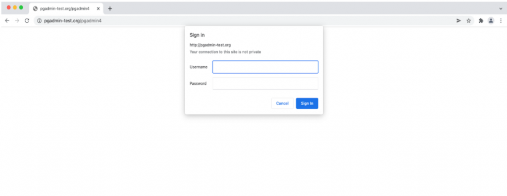 pgadmin-test.org website sign in screenshot