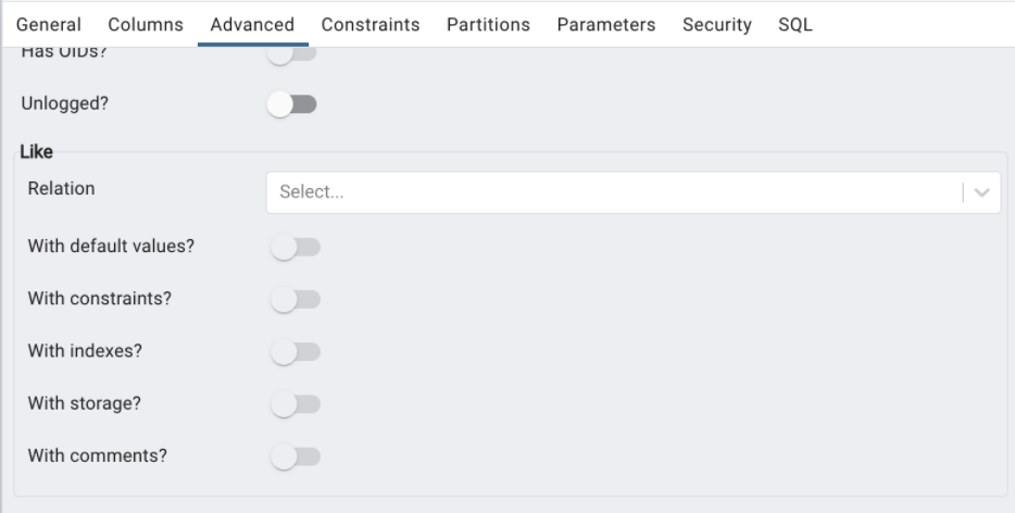 Formviewer screenshot of the advanced settings options