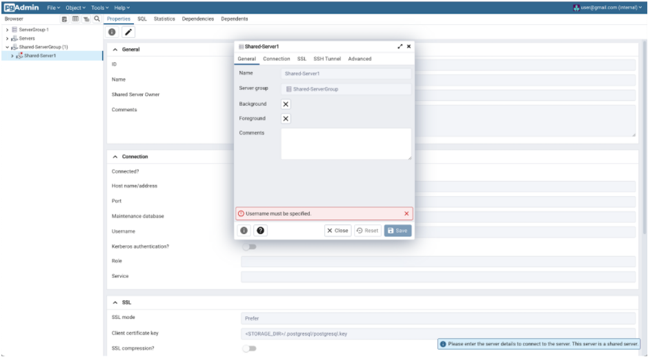 connecting to a shared server with pg admin