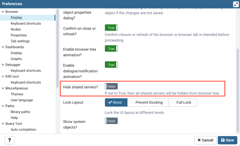 Preferences view under display choosing the hide shared servers option